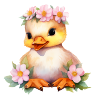 ai gerado fofa bebê Pato com flores aguarela clipart ilustração png