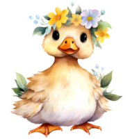 AI generated Cute Baby Duck With Flowers Watercolor Clipart Illustration png