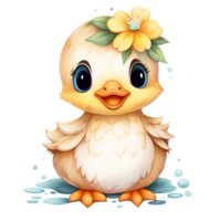 ai généré mignonne bébé canard avec fleurs aquarelle clipart illustration png