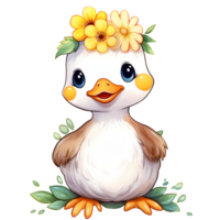 AI generated Cute Baby Duck With Flowers Watercolor Clipart Illustration png