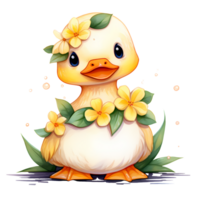 ai gerado fofa bebê Pato com flores aguarela clipart ilustração png