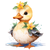 ai généré mignonne bébé canard avec fleurs aquarelle clipart illustration png