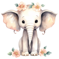 ai généré mignonne l'éléphant avec fleurs aquarelle clipart illustration png