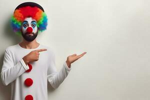 a clown points to an empty area, a templet or mockup for advertising. AI generated photo