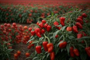 AI generated Red Chili Pepper Plantation. Harvest Agriculture. Red Pepper Grows on the Branches. Illustration photo