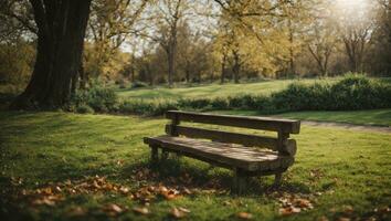 AI generated Spring. Wooden Bench in the Park photo