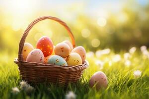 AI generated Easter eggs in basket on green grass with bokeh background photo