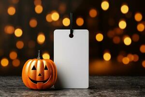 AI generated Halloween pumpkin with blank price tag on bokeh lights background photo