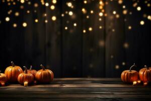 AI generated Halloween background with pumpkins on wooden table and space for text photo