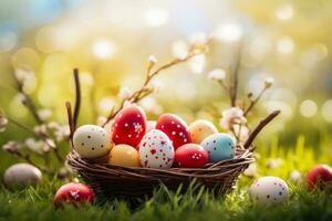 AI generated Easter eggs in basket on green grass with bokeh background photo