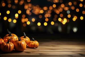 AI generated Halloween background with pumpkins on wooden table and bokeh lights photo