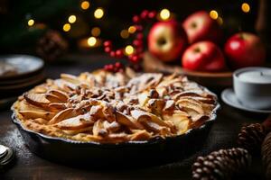 AI generated Delicious homemade apple pie on rustic wooden table with burning candles photo