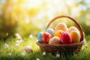 AI generated Easter eggs in basket on green grass with bokeh background photo