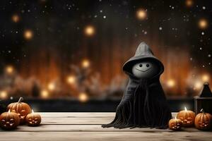 AI generated Halloween background with pumpkin lanterns, witch hat and scarf. photo