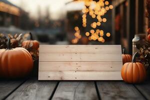 AI generated Halloween background with pumpkins and empty wooden board, copy space photo