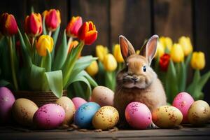 AI generated Easter bunny with colorful eggs and tulips on wooden background. photo