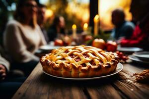 AI generated Delicious homemade apple pie on rustic wooden table with burning candles photo