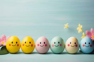 AI generated Easter eggs with smiley faces and daisies on wooden background photo