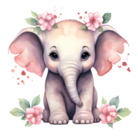 ai généré mignonne l'éléphant avec fleurs aquarelle clipart illustration png