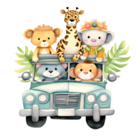 AI generated Cute Little Safari Animals In Car Watercolor Clipart Illustration png