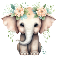 AI generated Cute Elephant With Flowers Watercolor Clipart Illustration png