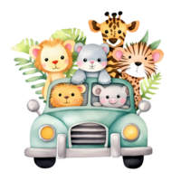 ai generiert süß wenig Safari Tiere im Auto Aquarell Clip Art Illustration png