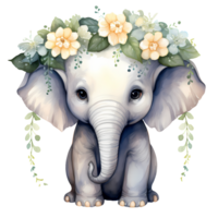 ai genererad söt elefant med blommor vattenfärg ClipArt illustration png