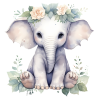 ai généré mignonne l'éléphant avec fleurs aquarelle clipart illustration png