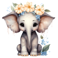 AI generated Cute Elephant With Flowers Watercolor Clipart Illustration png