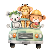 AI generated Cute Little Safari Animals In Car Watercolor Clipart Illustration png