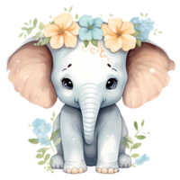 ai generato carino elefante con fiori acquerello clipart illustrazione png