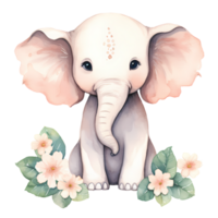 ai generato carino elefante con fiori acquerello clipart illustrazione png