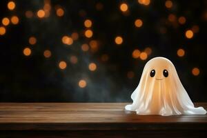 AI generated Halloween ghost on wooden table with bokeh lights background. photo