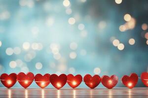 AI generated Valentine's day background with red hearts on bokeh background photo