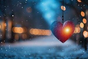 AI generated Red heart in the snow. Valentine's day concept. Christmas background. photo