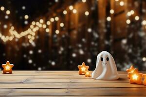 AI generated Halloween ghost on wooden table with bokeh lights background. photo