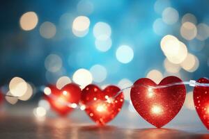 AI generated Valentine's day background with red hearts on bokeh background photo