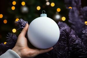 AI generated Woman's hand holding a white Christmas ball on the background of the Christmas tree photo