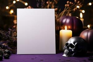 AI generated Halloween still life with pumpkin, skull and candles on purple background photo