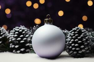 AI generated Christmas decoration on snow with bokeh lights background. Christmas card. photo