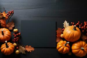 AI generated Autumn background with pumpkins, leaves and berries on black wooden background photo