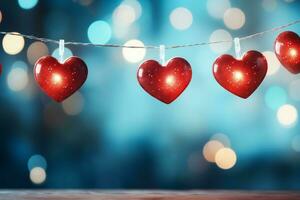 AI generated Valentine's day background with red hearts on bokeh background photo