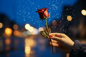 AI generated Female hand holding a red rose on the background of the night city photo