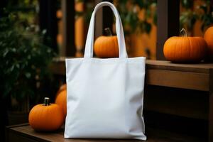 AI generated White bag with pumpkins on wooden background. Eco friendly shopping concept. photo