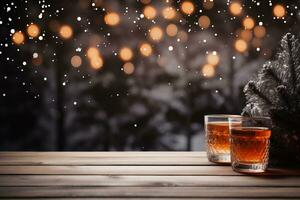 AI generated Two glasses of whiskey on a wooden table against the background of a winter landscape photo