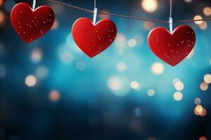 AI generated Valentine's day background with red hearts on bokeh background photo