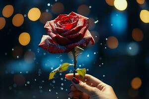 AI generated Female hand holding a red rose on the background of the night city photo