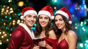 ai generado dos muchachas y un chico con lentes de vino a un Navidad fiesta foto