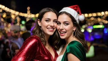 AI generated Two girls at the Christmas market at night photo