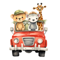 AI generated Cute Little Safari Animals In Car Watercolor Clipart Illustration png